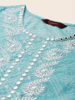 Thumbnail for Sangria Turquoise Blue & White Geometric Printed Pure Cotton Kurta With Trouser & Dupatta - Distacart