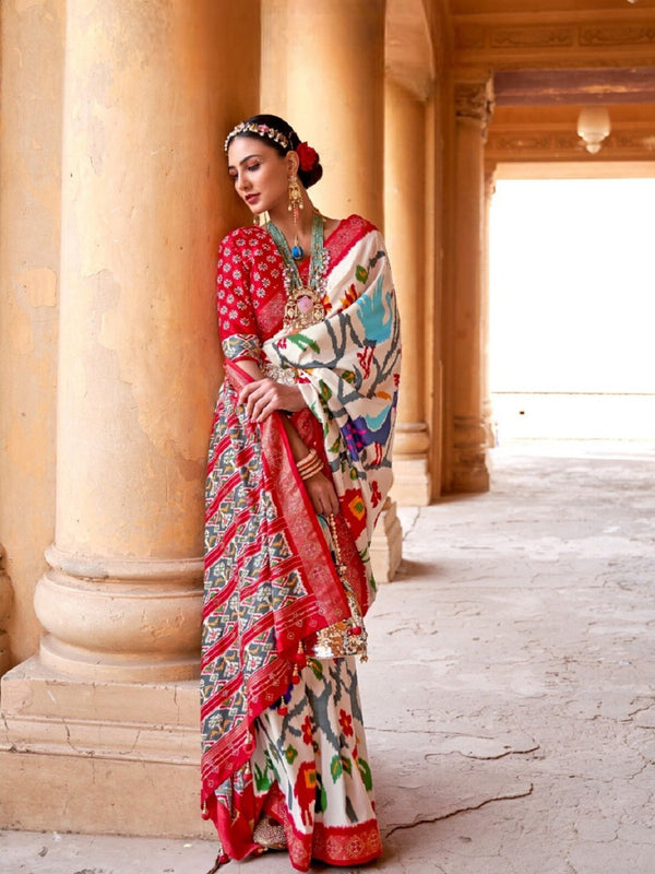 Mitera White & Red Ethnic Motifs Zari Pure Silk Patola Saree - Distacart