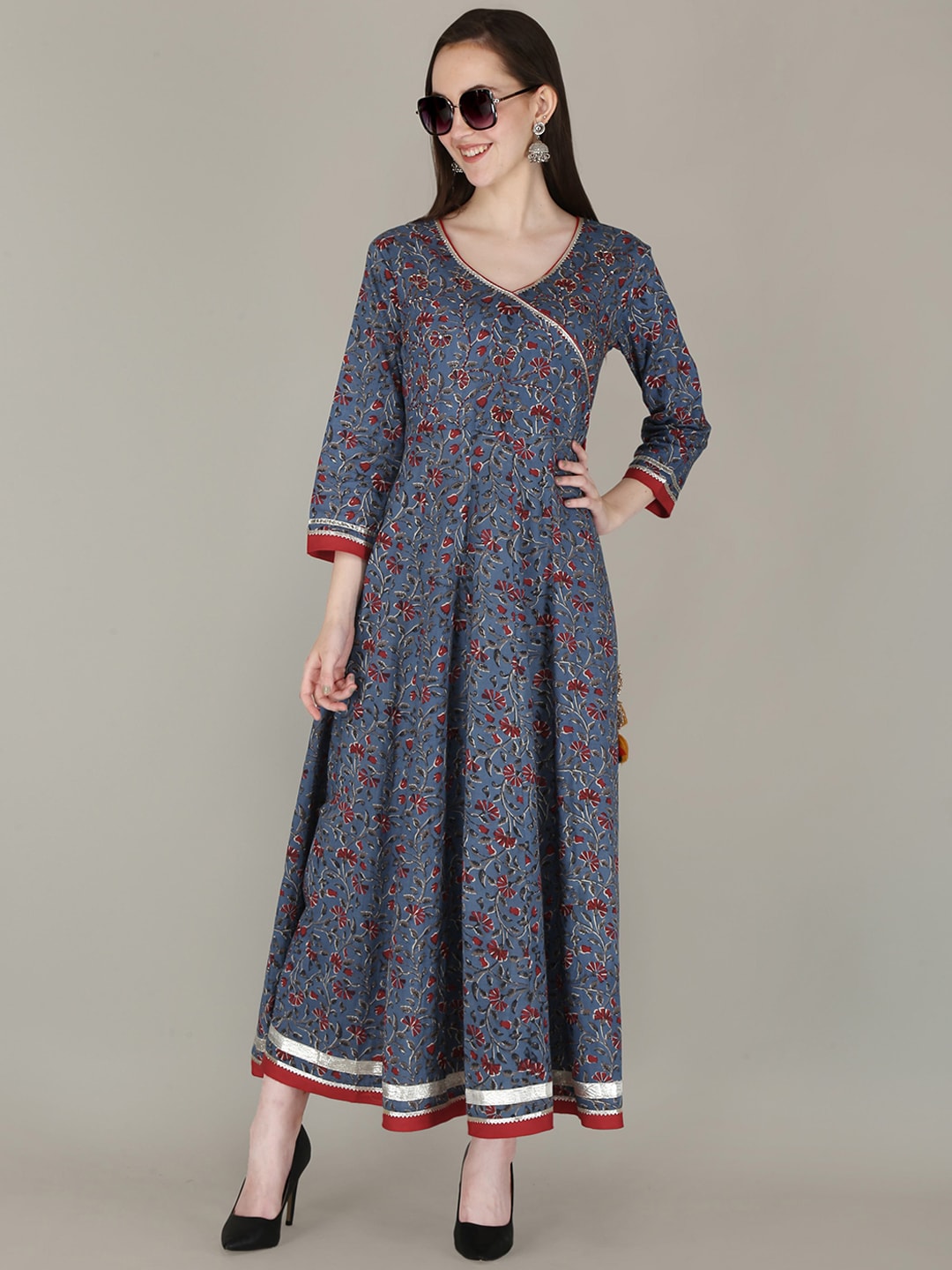Kalini Women Navy Blue & Red Floral Printed Floral Anarkali Fusion Kurta - Distacart