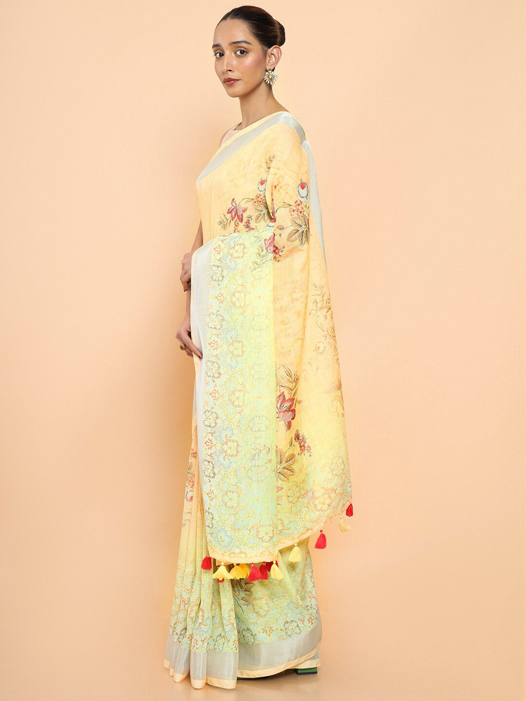 Soch Yellow & Green Floral Zari Pure Linen Saree - Distacart