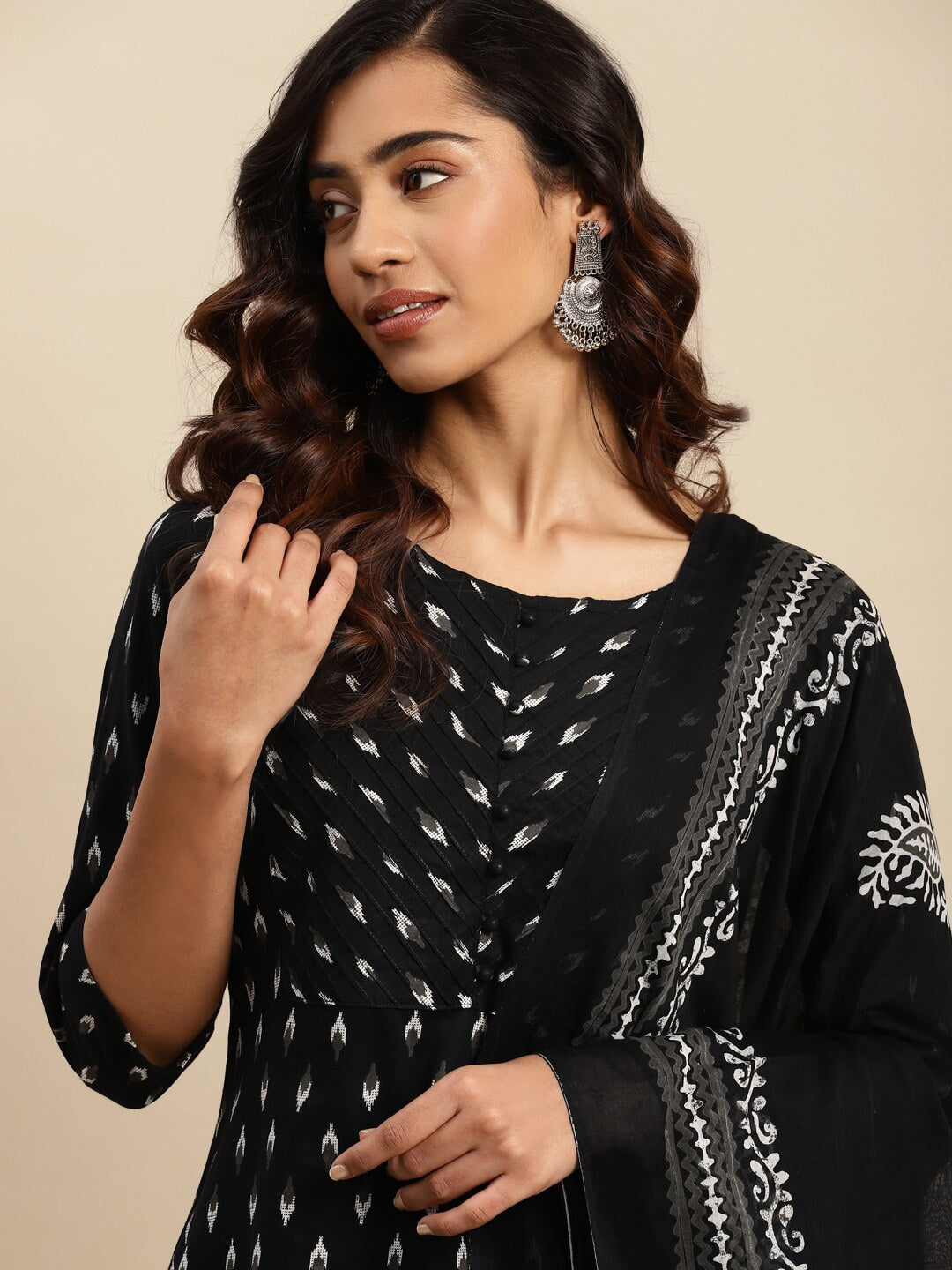 Sangria Black Ethnic Motifs Printed Pure-Cotton Straight Kurta With Trouser & Dupatta - Distacart