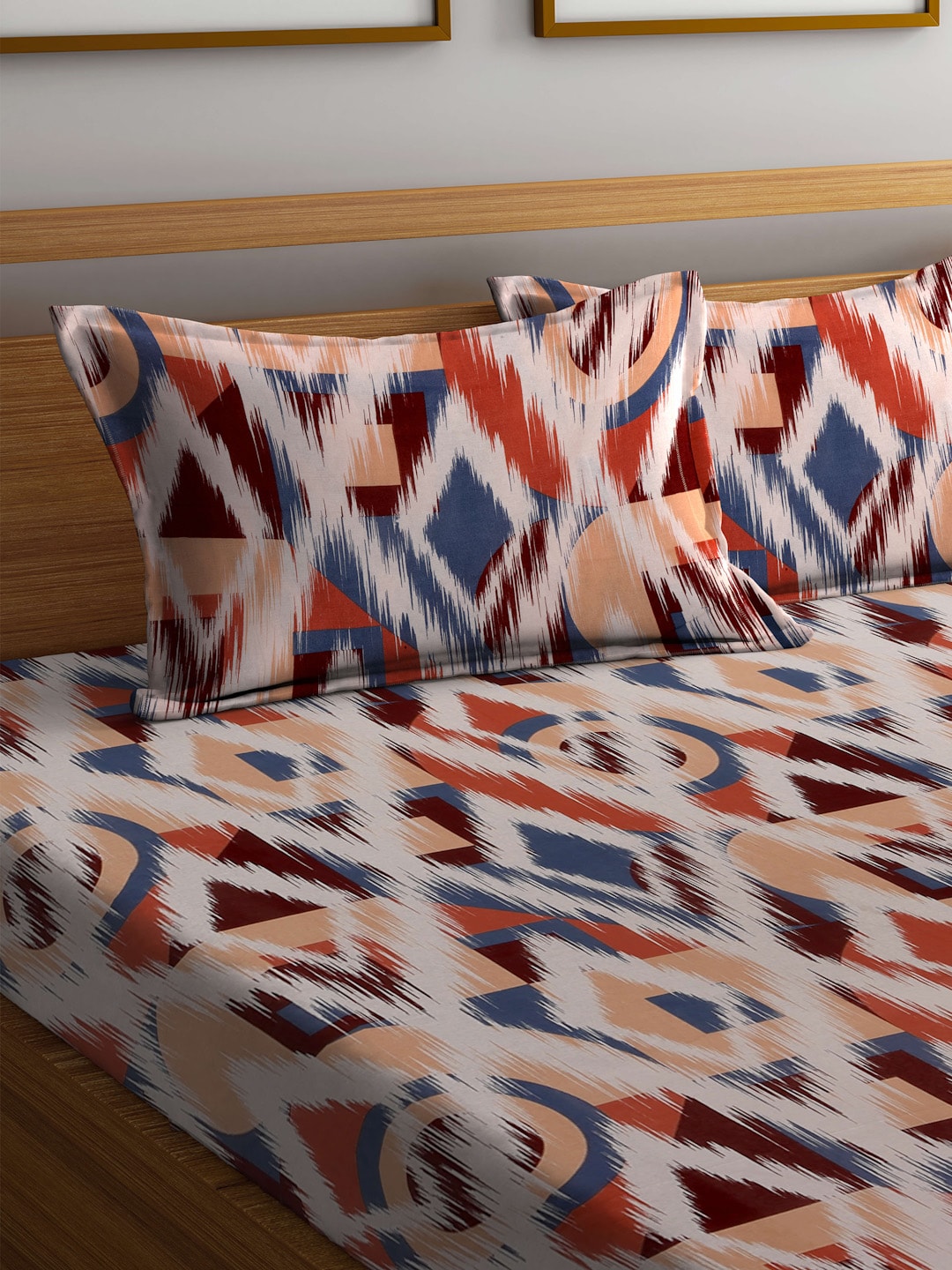 BOMBAY DYEING Marigold Brown Geometric Cotton 104 TC King Bedsheet & 2 Pillow Covers - Distacart