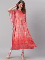 Thumbnail for Janasya Peach-Coloured Ethnic Motifs Dyed Thread Work Georgette Kaftan Kurta - Distacart