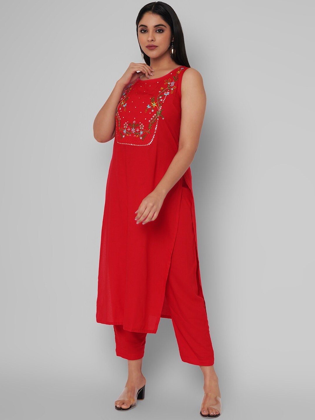 Kalini Women Red Floral Embroidered Mirror Work Kurta with Trousers - Distacart