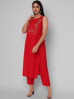 Thumbnail for Kalini Women Red Floral Embroidered Mirror Work Kurta with Trousers - Distacart