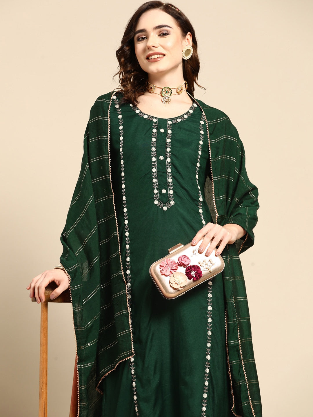 Sangria Women Green & White Ethnic Embellished Beaded Kurta with Trousers & Dupatta - Distacart