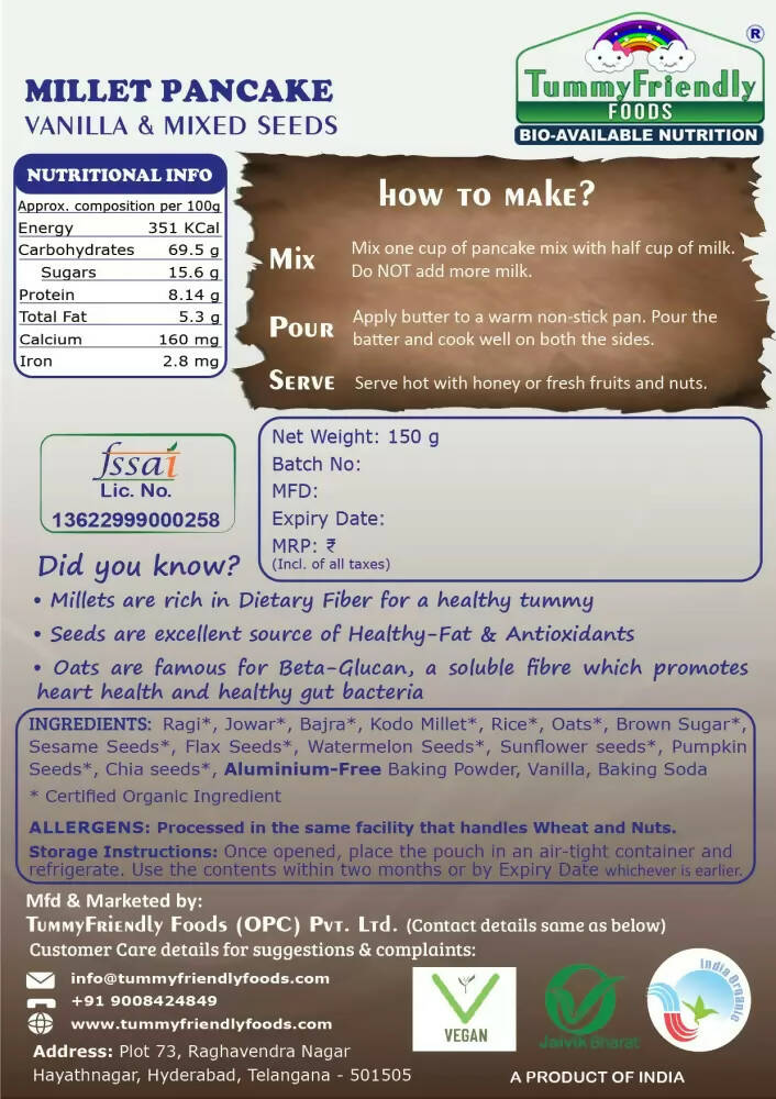 TummyFriendly Foods Aluminium-Free Millet Pancake Mix - Vanilla Mixed Seeds - Distacart