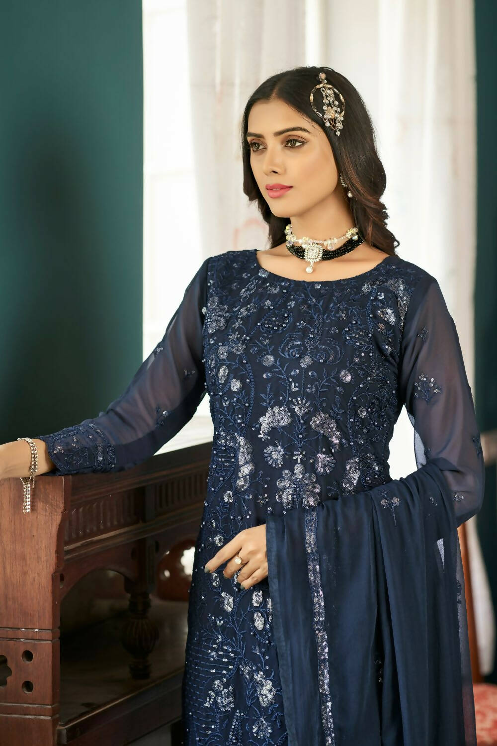 Blue Heavy Faux Georgette Embroidered Semi Stitched Suit - Dhvani - Distacart