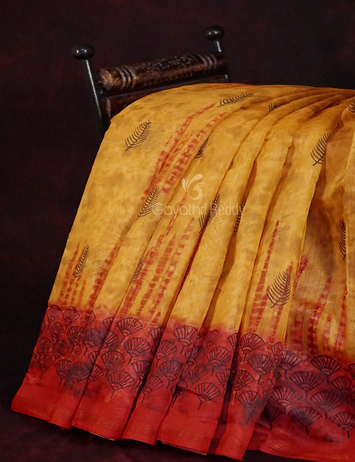 Yellow And Red Colour Block Print Semi Chanderi Saree By Gayathri Reddy Designer Studio - Distacart