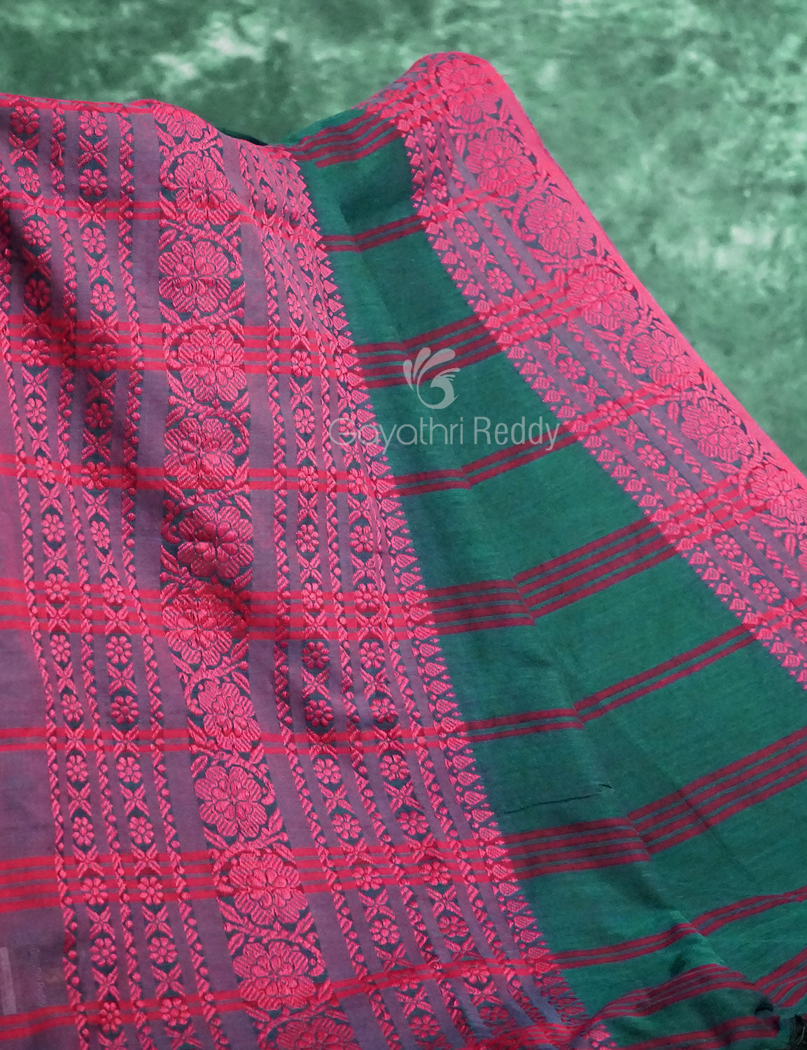 Bottle Green And Pink Colour Contrast Thread Border Khadi Cotton Saree By Gayathri Reddy Designer Studio - Distacart