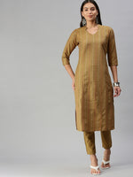 Thumbnail for Kalini Women Mustard Yellow Pure Cotton Geometric Woven Design Kurta with Trousers - Distacart