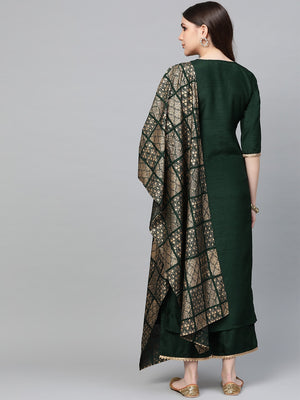 Libas Hunter Green Gotta Chanderi Kurta Set with Festive Traditional Stole - Distacart