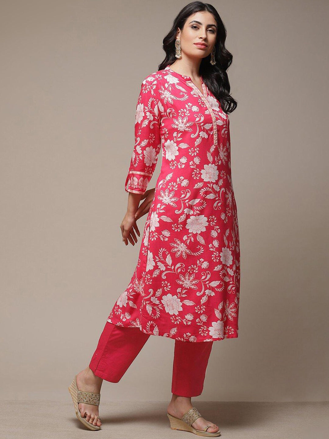 Biba Mandarin Collar Floral Printed A-Line Kurta - Distacart