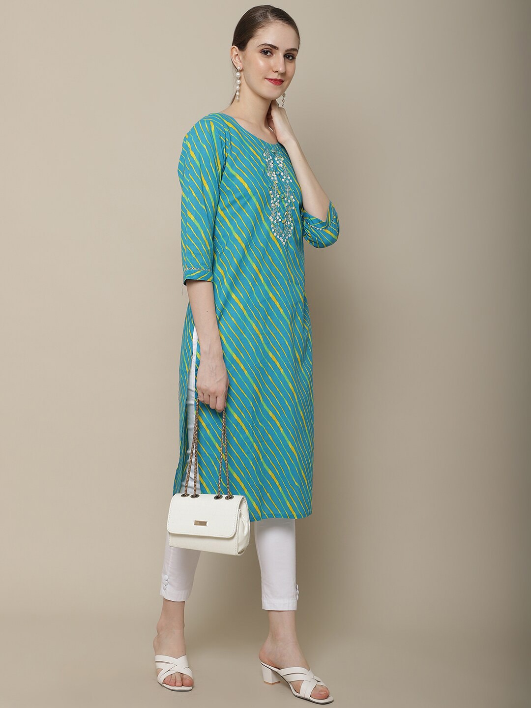Sangria Women Blue & Yellow Leheriya Dyed Thread Work Kurta - Distacart