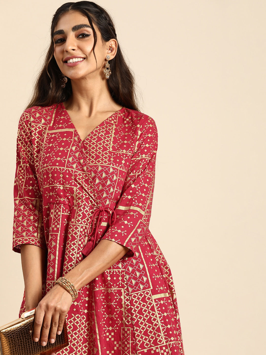 Sangria Women Ethnic Motifs Printed Angrakha Pure Cotton Kurta with Trousers - Distacart