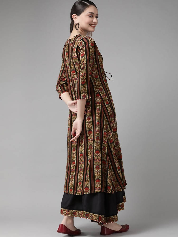 Yufta Women Black & Red Solid Embroidered Detail A-Line Maxi Dress with Ethnic Jacket