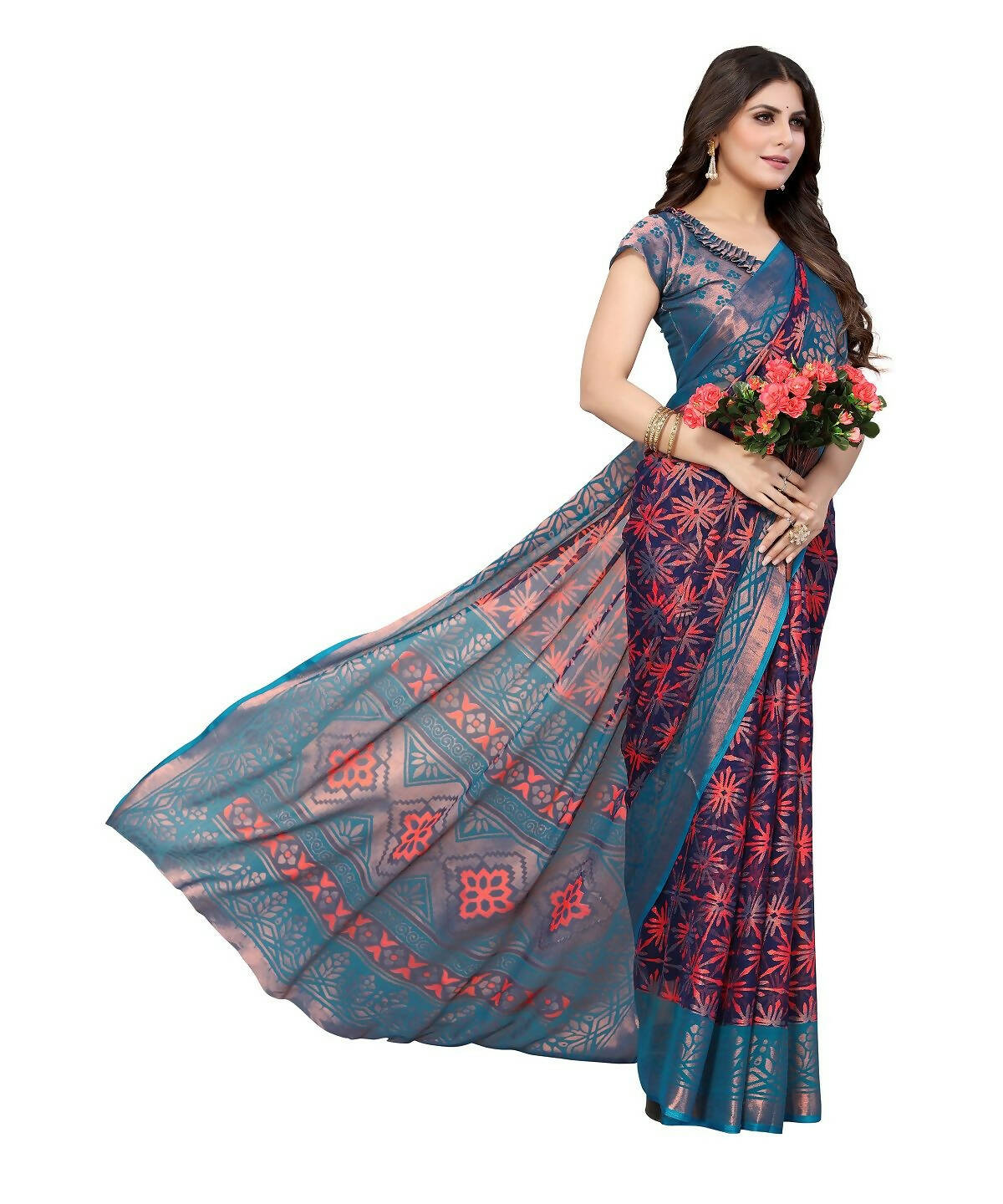 Vamika Navy Blue Chiffon Brasso Bollywood Style Woven Saree (DEVINA NAVY) - Distacart