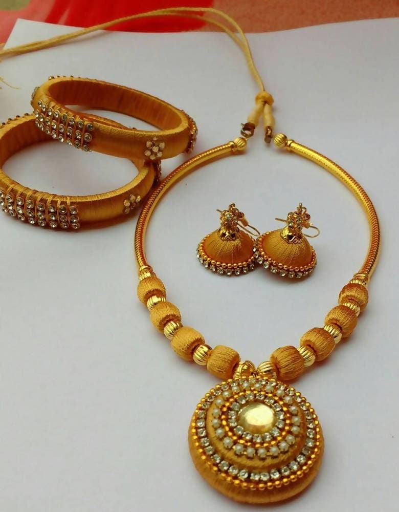 Silk Threaded Gold Color Beads with Necklace Set, Earrings And Bangles