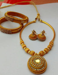 Thumbnail for Silk Threaded Gold Color Beads with Necklace Set, Earrings And Bangles