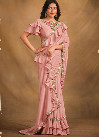 Pink Crepe Georgette Silk Designer Saree with Unstitched Blouse - Norita Mahitha - Distacart