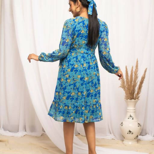 FIORRA Women's Navy Blue Georgette Floral Printed Western Dress - Distacart