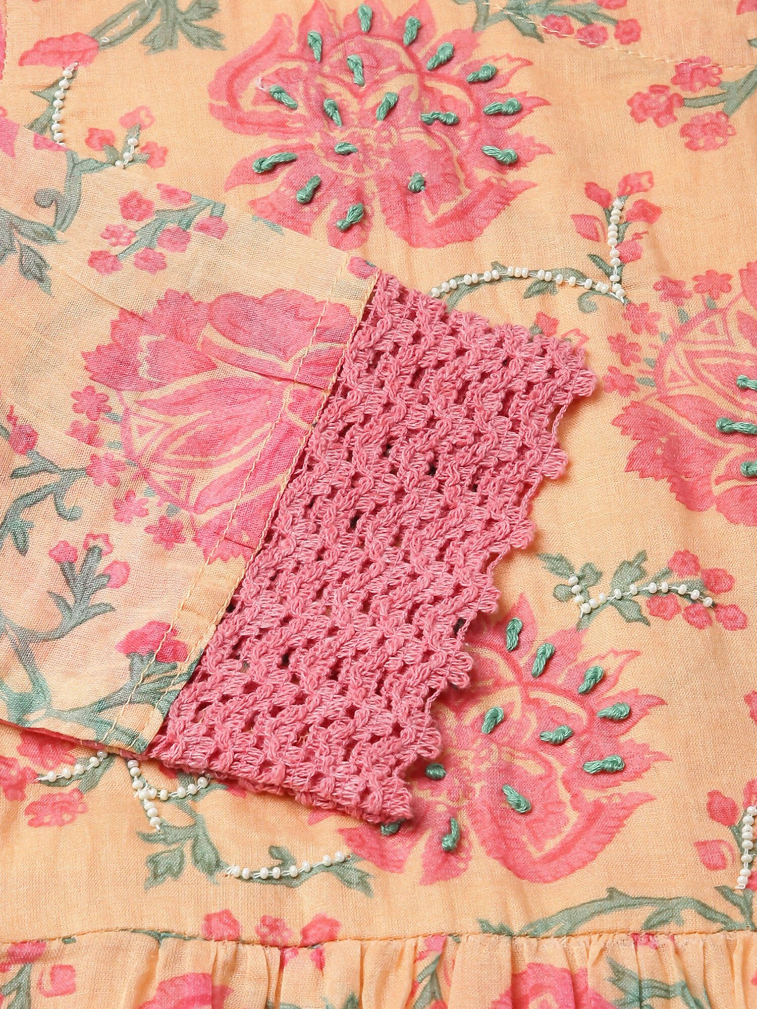 Peach Cotton Floral Printed Fit & Flare Dress - Yukti - Distacart