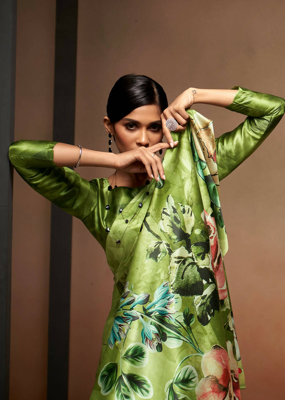 Green Satin Digital Printed Saree with Unstitched Blouse Piece - Jodha - Distacart