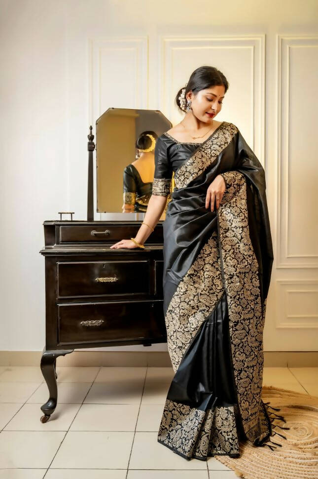 Vishnu Weaves Women's Black Handloom Raw Silk Woven Border Saree with Unstitched Blouse - Distacart