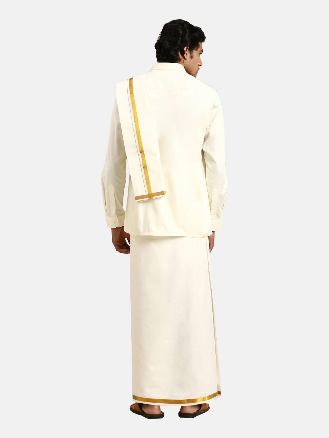 Buy Ramraj Cotton 2 In 1 Set For Mens Readymade Cream Double Layer Pocket  Dhoti With 3/4 Inch Golden Jari And Towel Online at Best Price