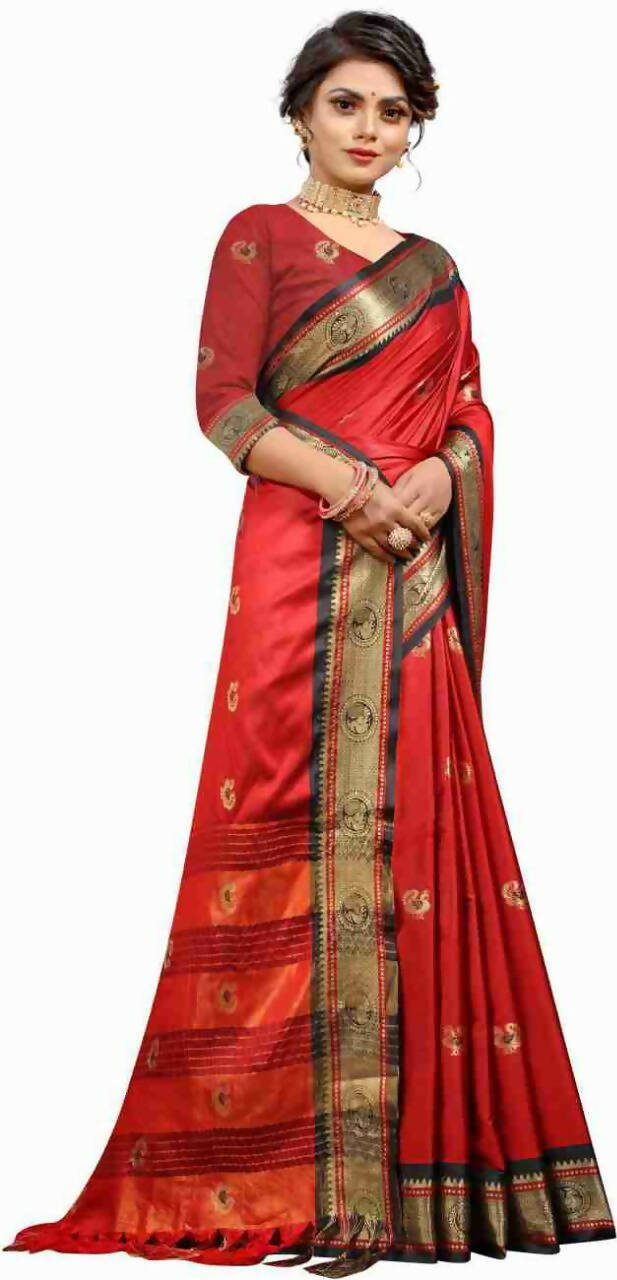 DEIANA'S Beautiful Golden Jari with New Design Soft Lichi Silk Saree - Red - Distacart