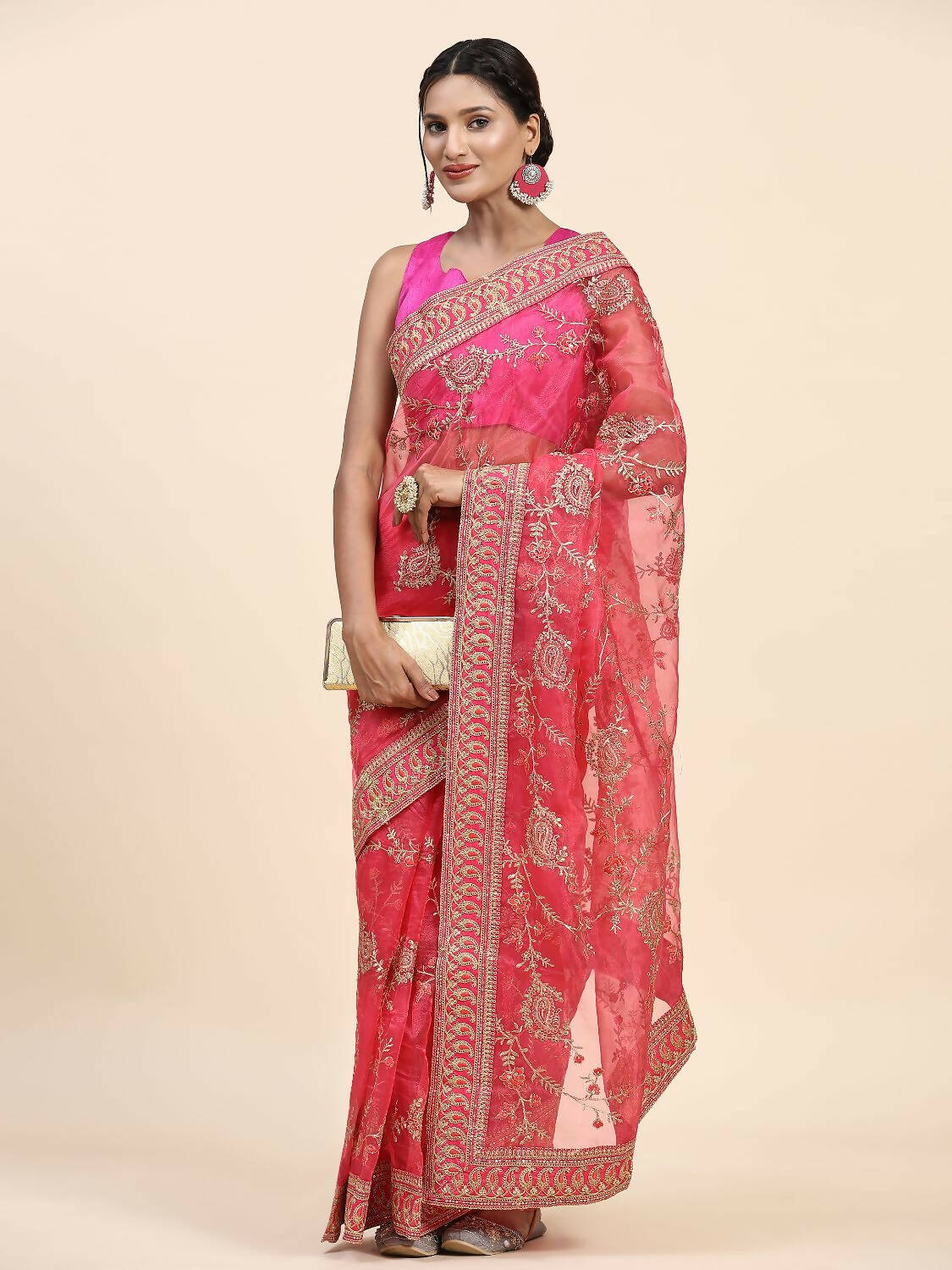 Vamsee Pink Organza Saree - Distacart