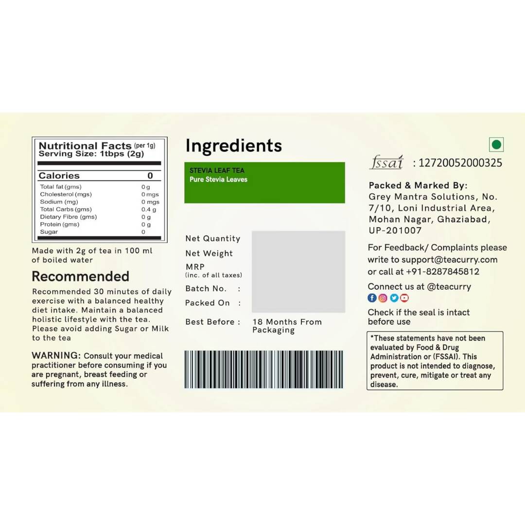 Teacurry Stevia Tea Bags - Distacart
