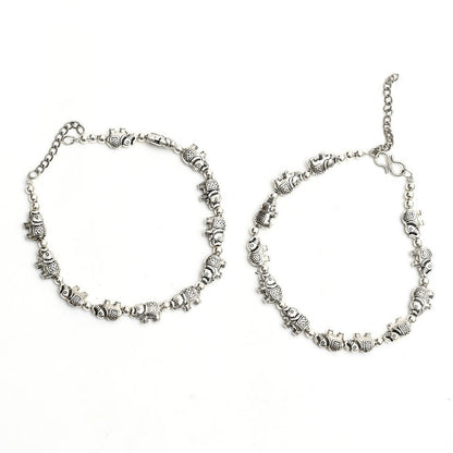 Mominos Fashion Kamal Johar Oxidised Elephant Design Silver Anklets