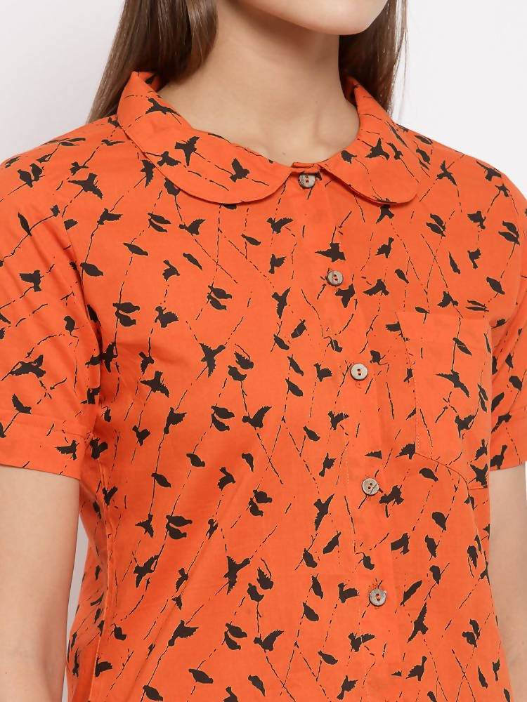 Myshka Women's Brown Cotton Printed Half Sleeve Collar Neck Casual Night suit