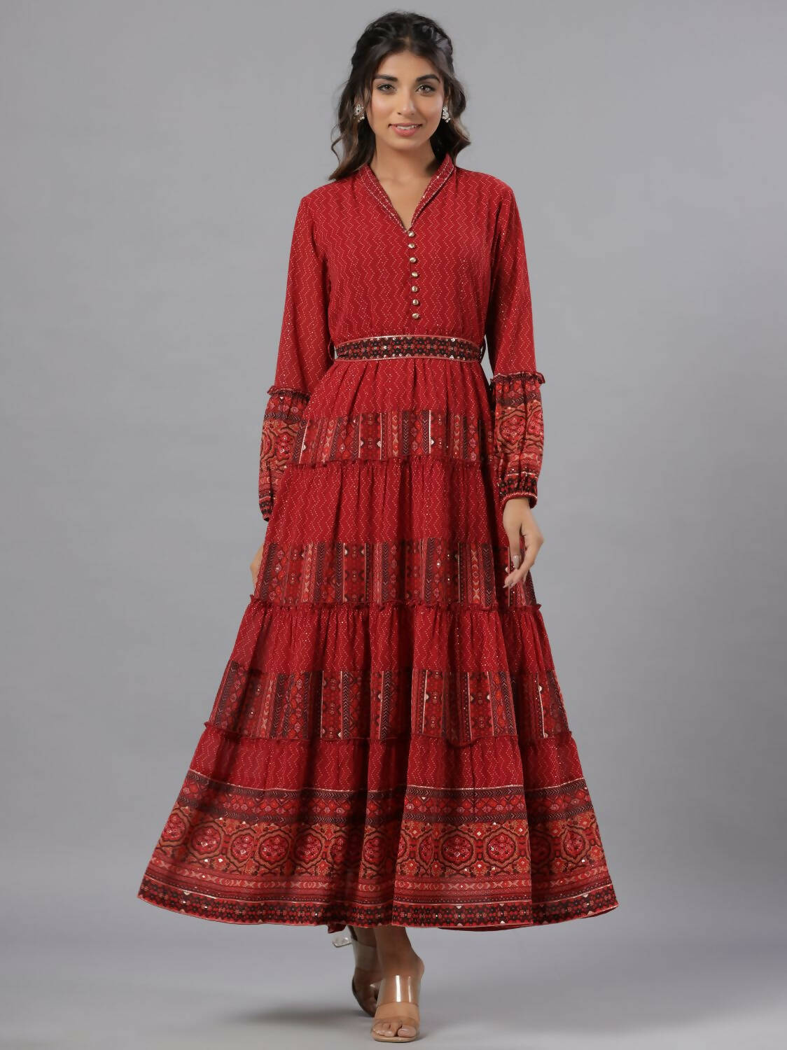 Juniper Women Rust Georgette Printed Tiered Maxi Dress - Distacart