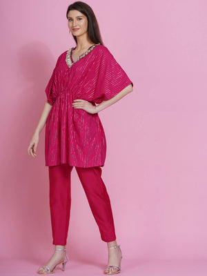 Women Republic Pink Lurex Cotton Kaftan Style Kurta With Pants - Distacart