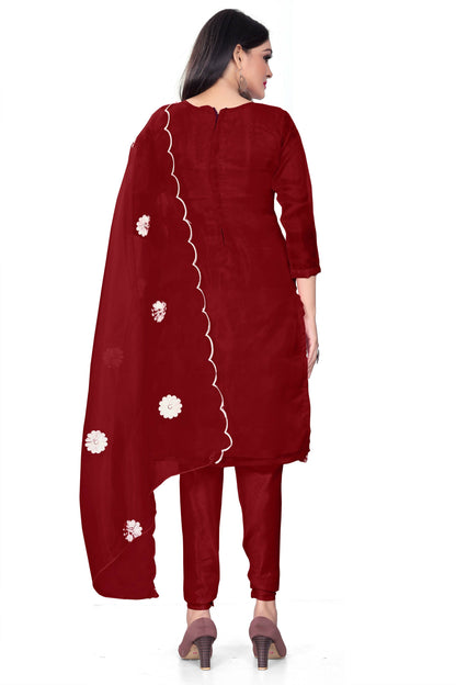 Maroon Organza Silk Embroidered Work Unstitched Dress Material - Tanvi - Distacart