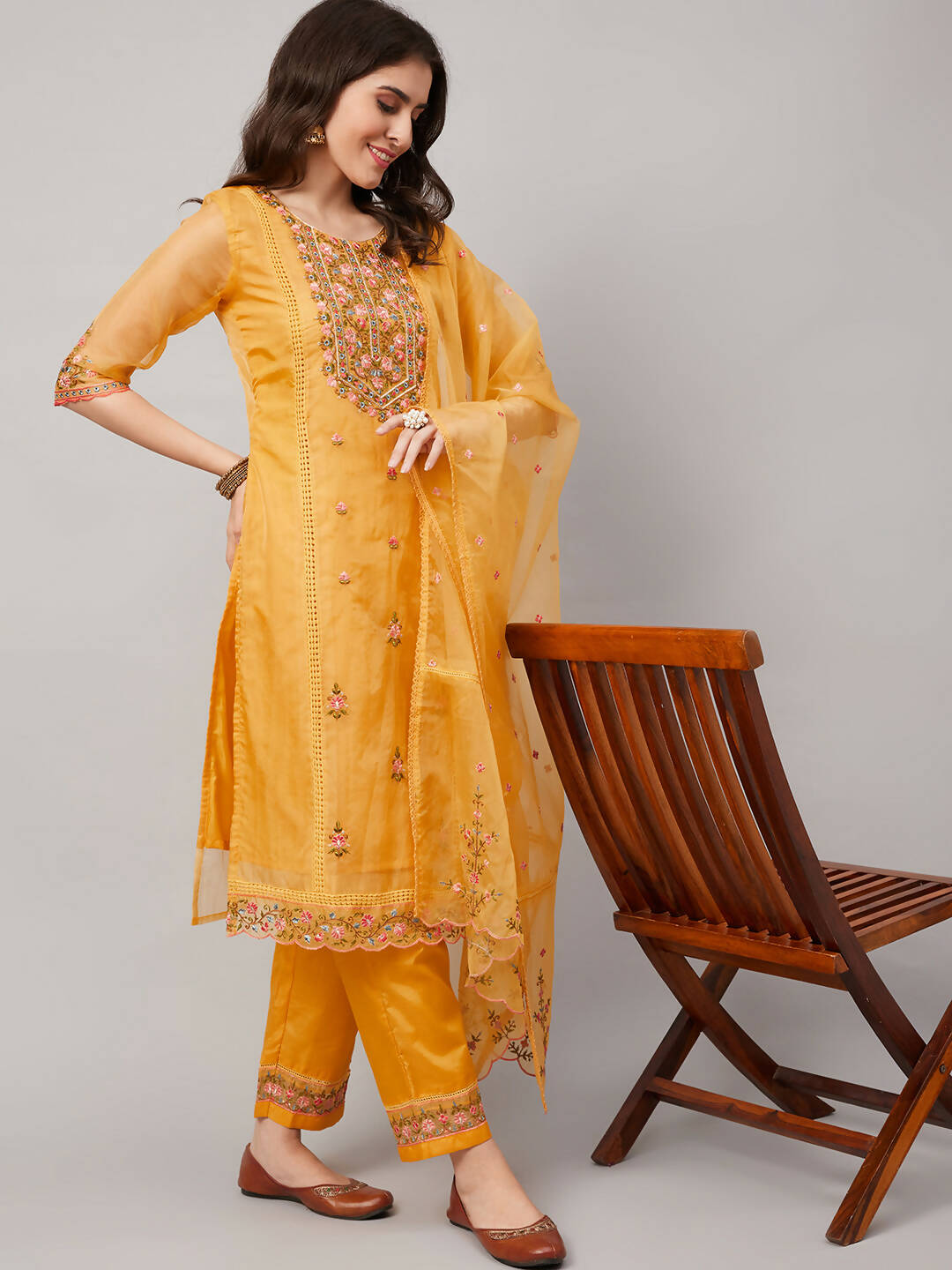 Yellow Organza Embroidered Kurta with Bottom & Dupatta - Salimar - Distacart