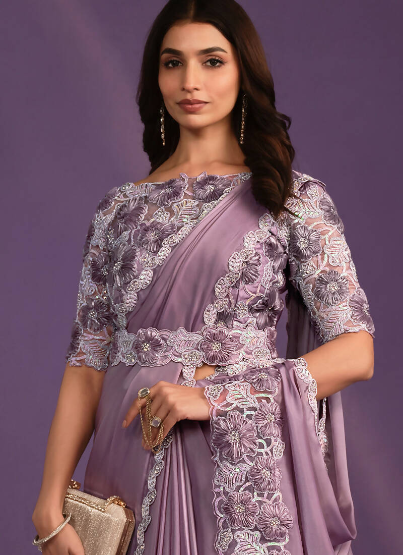 Lavender Crepe Satin Silk Embroidered Saree With Stitched Blouse - Mohmanthan Exotica - Distacart