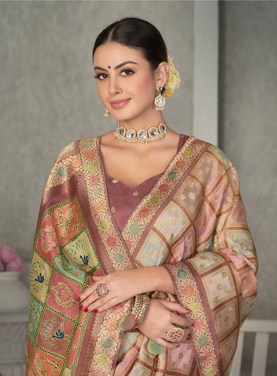 Peach Rangkat Tussar Silk Woven Design Saree with Unstitched Blouse - Mohmanthan Eshani - Distacart