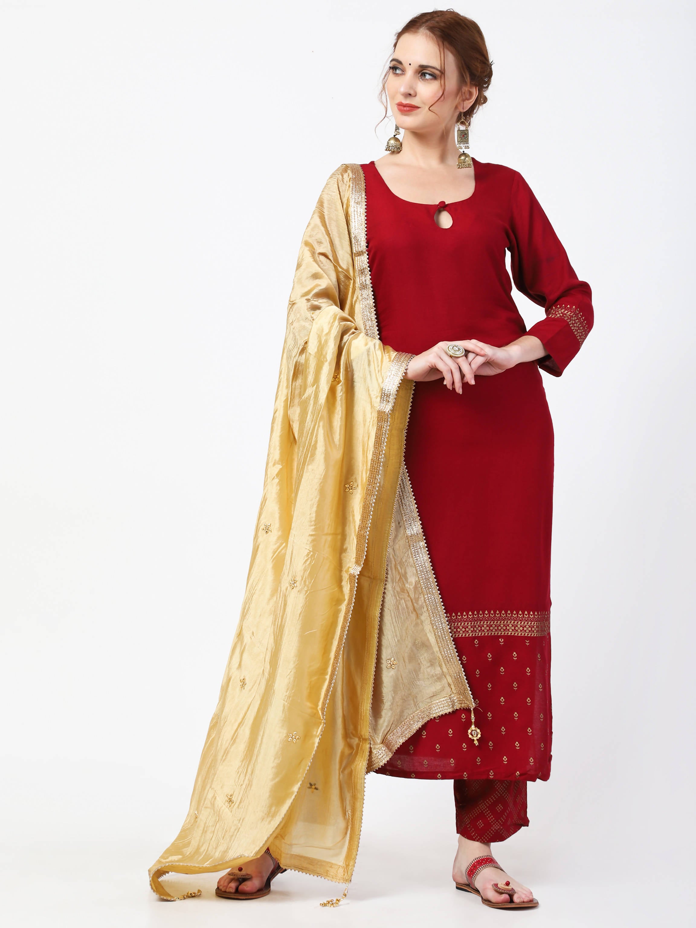 Cheera Maroon Kurta Palazzo & Silk Dupatta Set (CH-86KPD) - Distacart