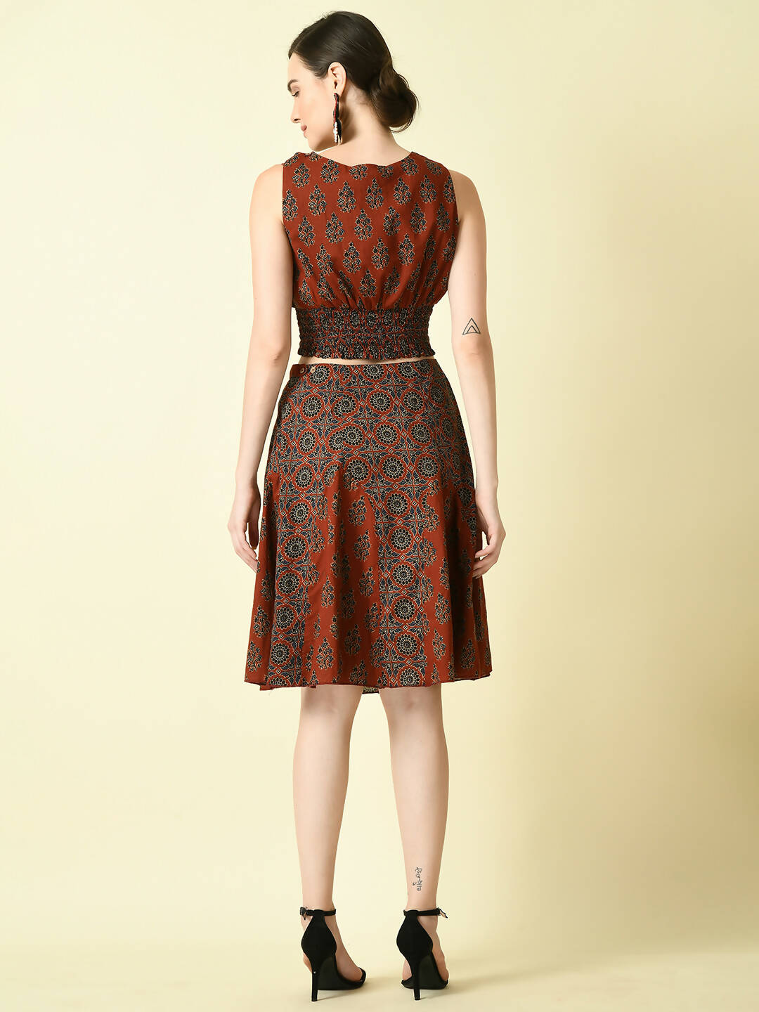 Myshka Women's Rust Round Neck Top With Skirt - Distacart