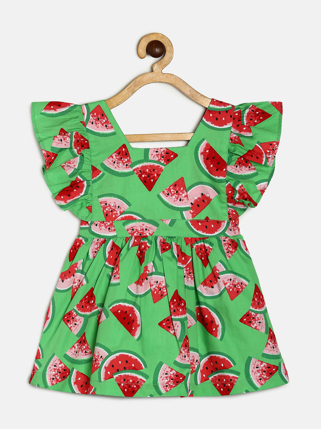 Manet Girls Cotton V Neck Frill Frock Watermelon Printed - Green - Distacart
