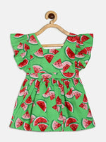 Thumbnail for Manet Girls Cotton V Neck Frill Frock Watermelon Printed - Green - Distacart