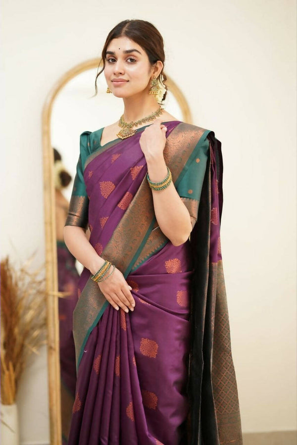 DEIANA'S Beautiful Golden Jari with New Design Soft Lichi Silk Saree - Purple - Distacart