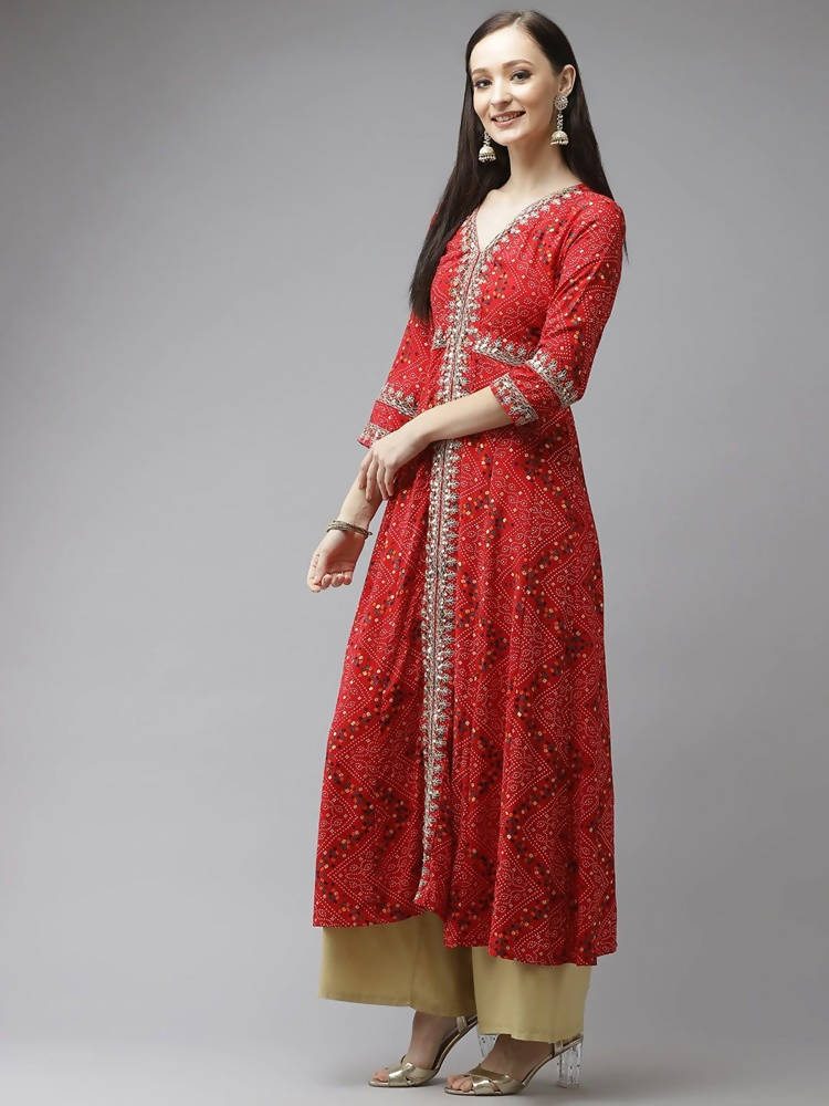 Yufta Women Red Bandhani Printed Kurta