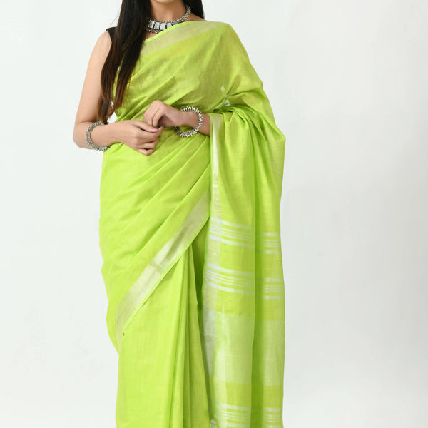 Mominos Fashion Moeza Parrot Green Bhagalpuri Handloom Silk Linen Saree with unstitched Blouse piece - Distacart