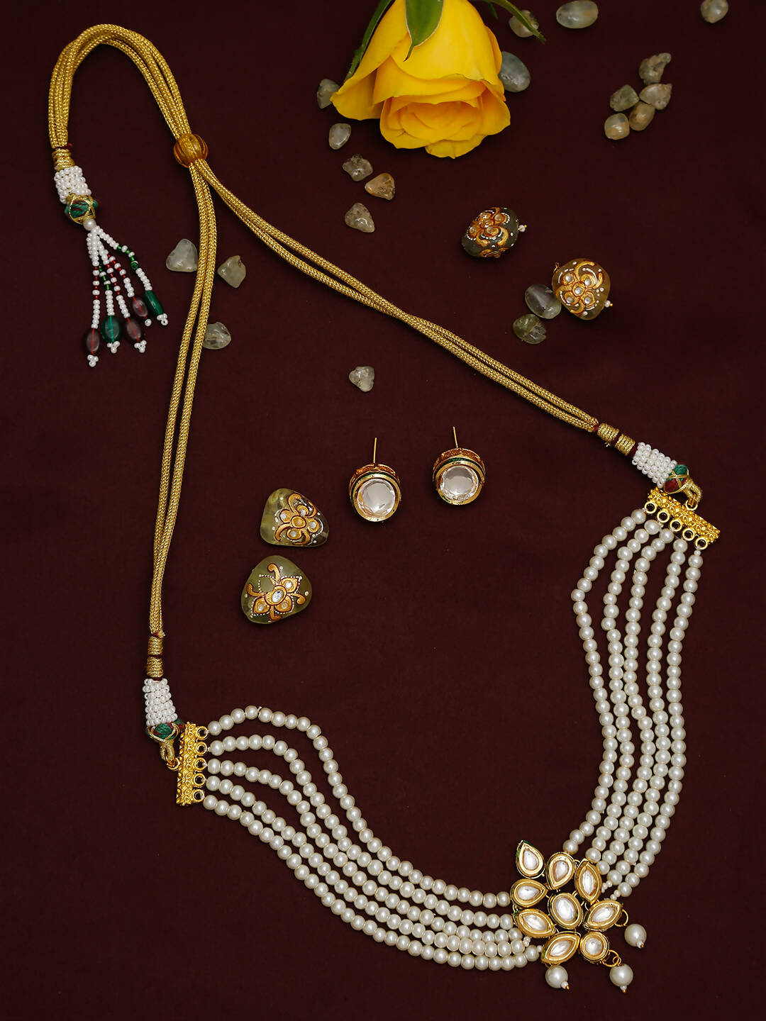 Gold-Plated White Pearl Kundan Choker With Studs - Ruby Raang - Distacart