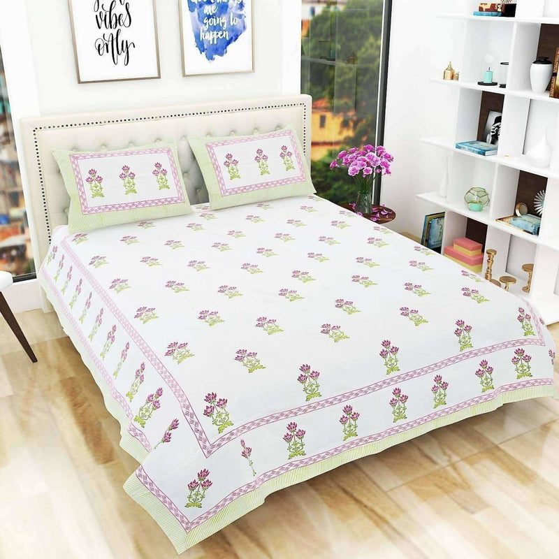Floral Hand Block Printed Double 90x108 Inches Bedspread with 2 Pillow Covers - Distacart