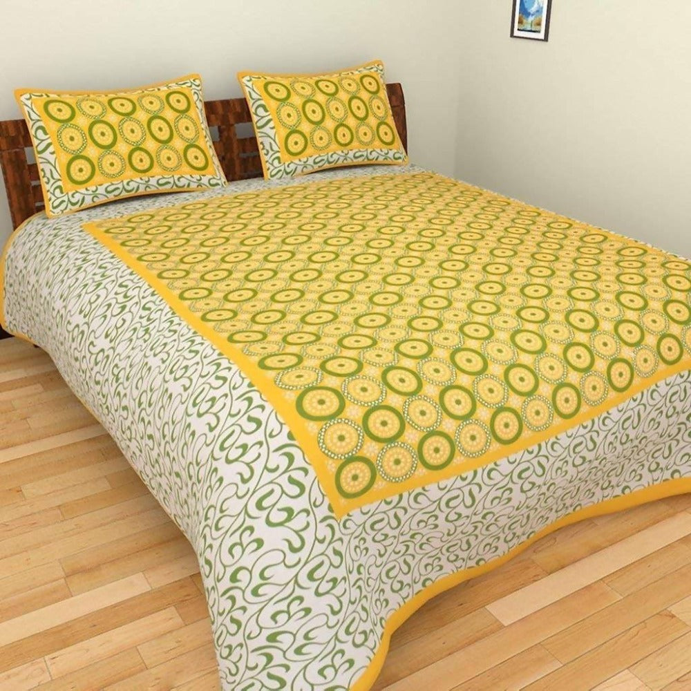 Vamika Printed Beautiful Cotton Yellow Bedsheet With Pillow Covers